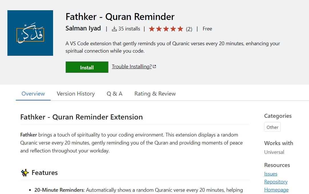 Fathker Quran Reminder – VS Code Extension